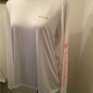 Columbia Women's White Long-Sleeve Sun Shirt with Coral Sleeve Logo